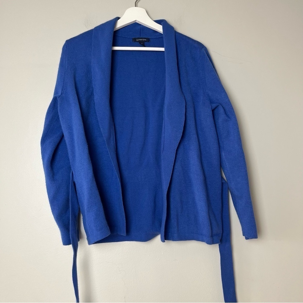 Lands' End Blue Open Front Tie Waist‎ Cardigan Medium
